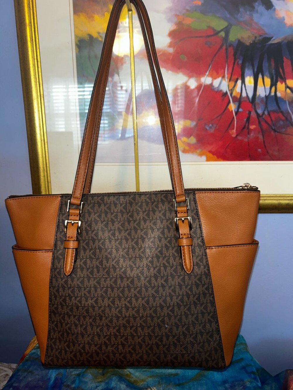 Michael Kors Brown Monogram Tote with Tan Leather Straps & matching wallet NWOT - Picture 2 of 16